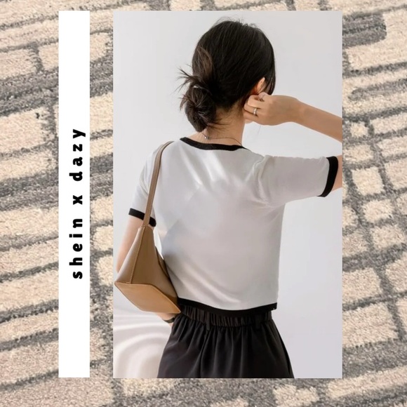 dazy • white & black short sleeve button-up cropped top with front pocket - Picture 2 of 14